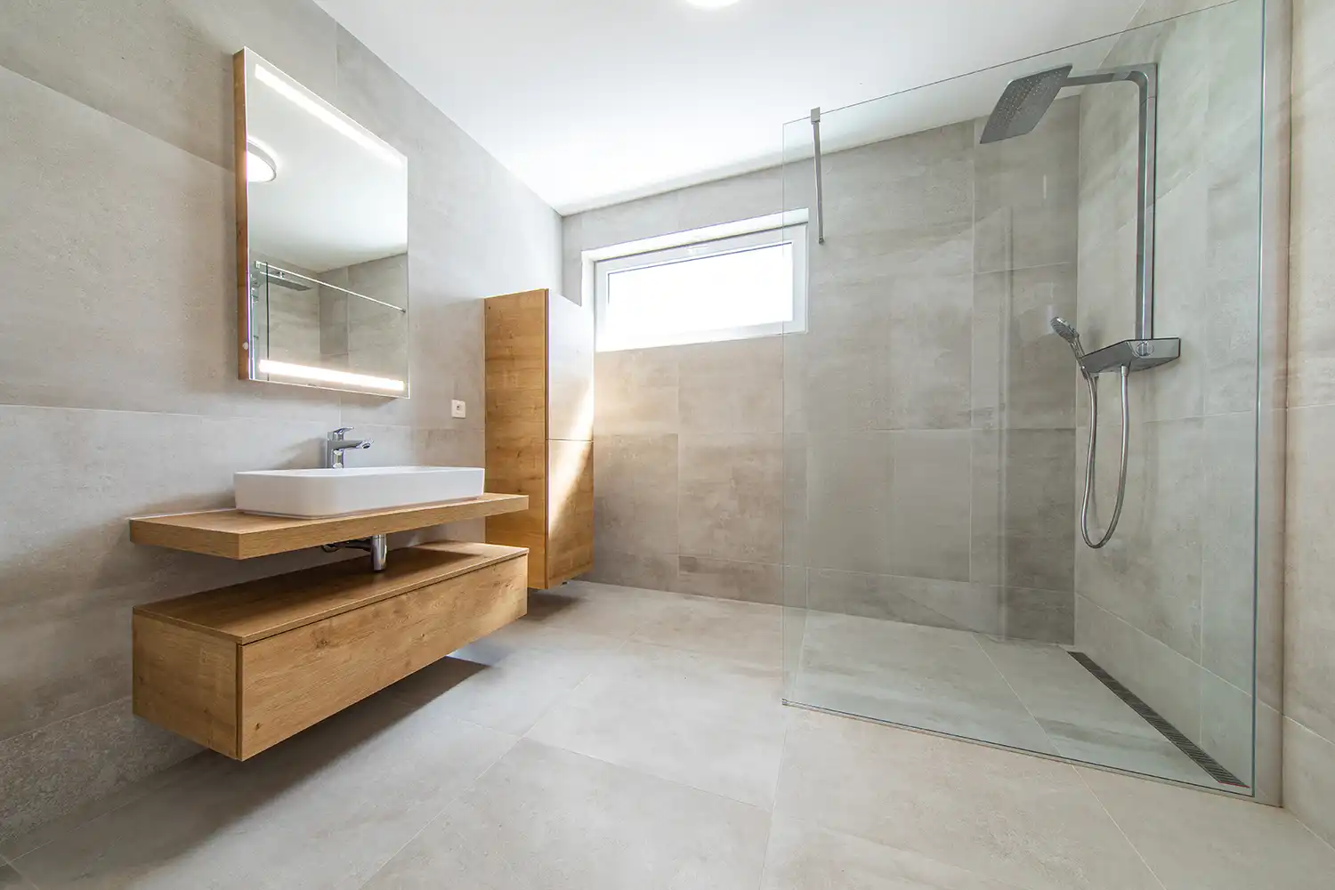 new shower room with wooden fittings